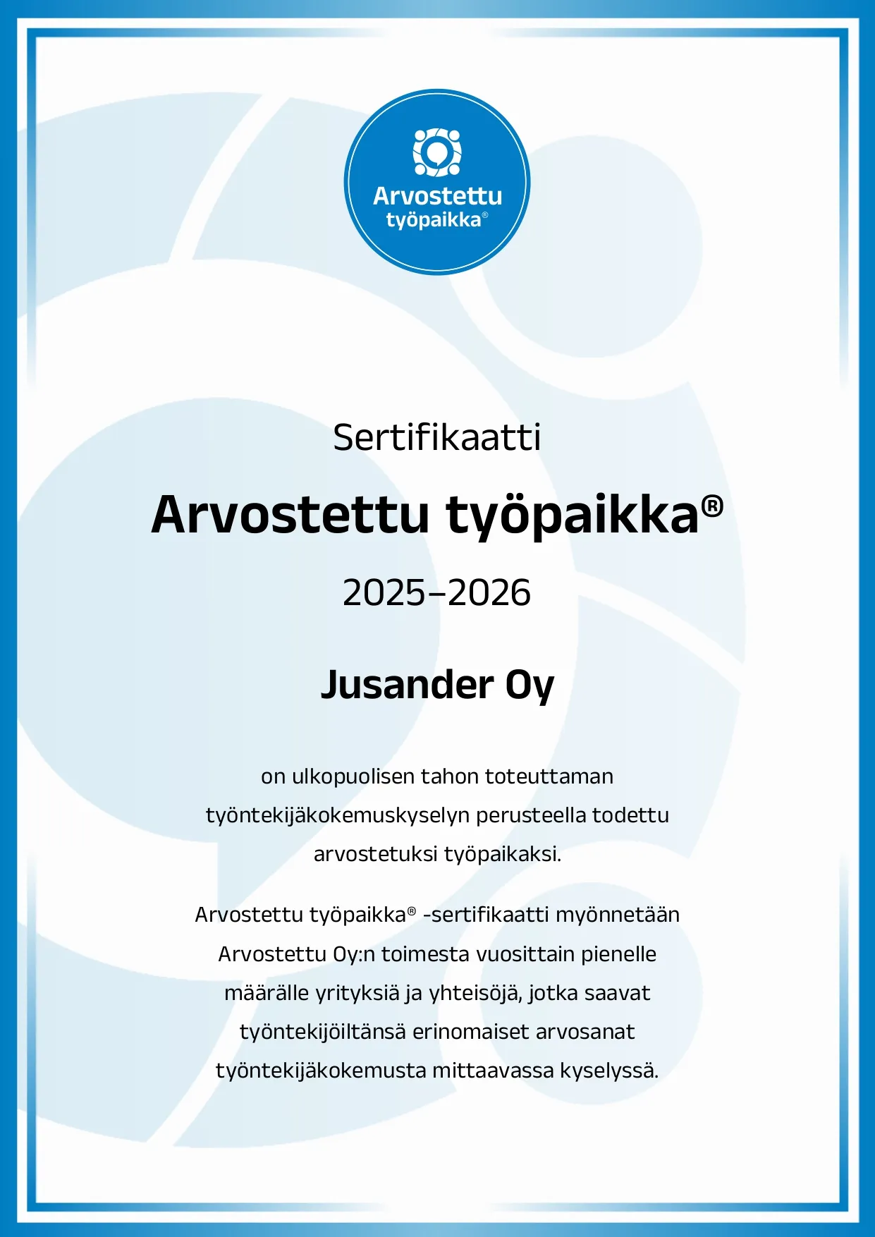 Arvostettu työpaikka sertifikaatti